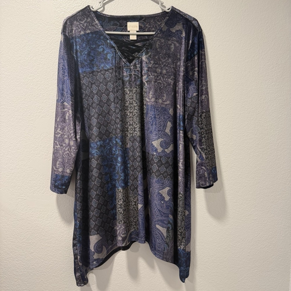 Chico's Size-3 Womens Tunic Velvet Criss Cross Paisley 3/4 Sleeve Top‎ Shirt